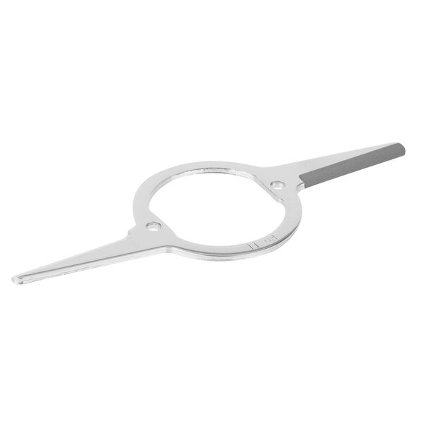 A silver metal Waring "S" Blade with a grey handle.