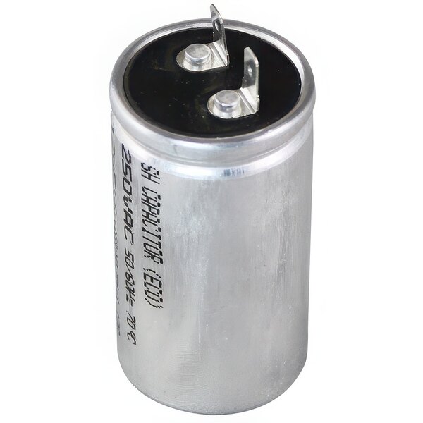 A close-up of a silver Waring start capacitor with black lid.