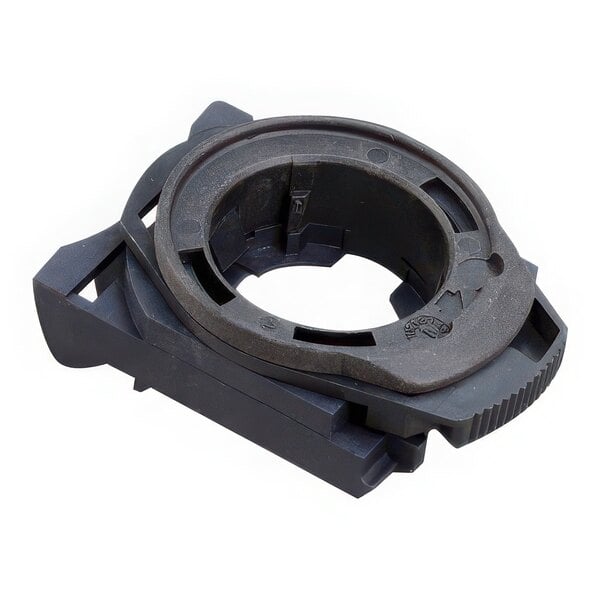A black plastic Waring locking ring with a round hole in the center.