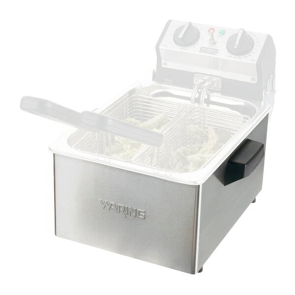 A stainless steel Waring deep fryer body with a lid and a basket.