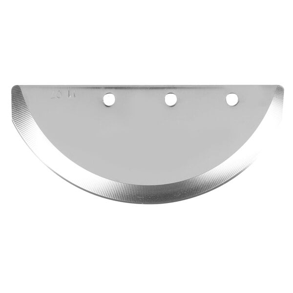 A close-up of a stainless steel half moon-shaped slicing disc with holes.