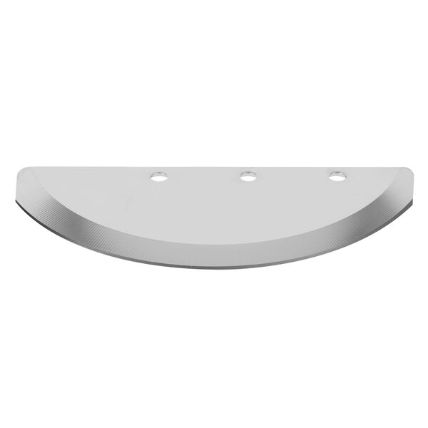 A silver half-moon shaped metal disc with three holes in it.