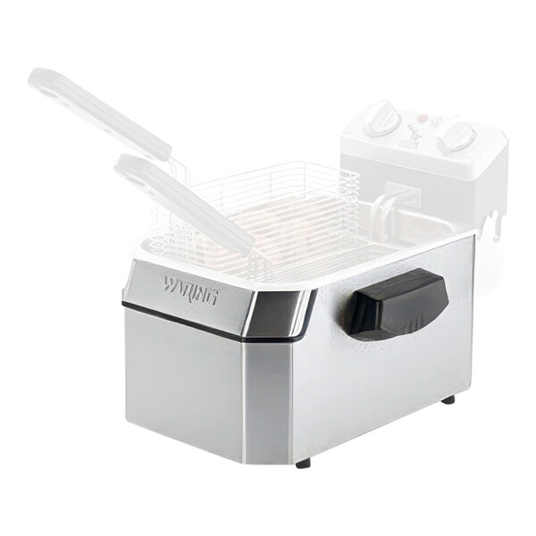 A stainless steel Waring deep fryer body with black and silver accents.