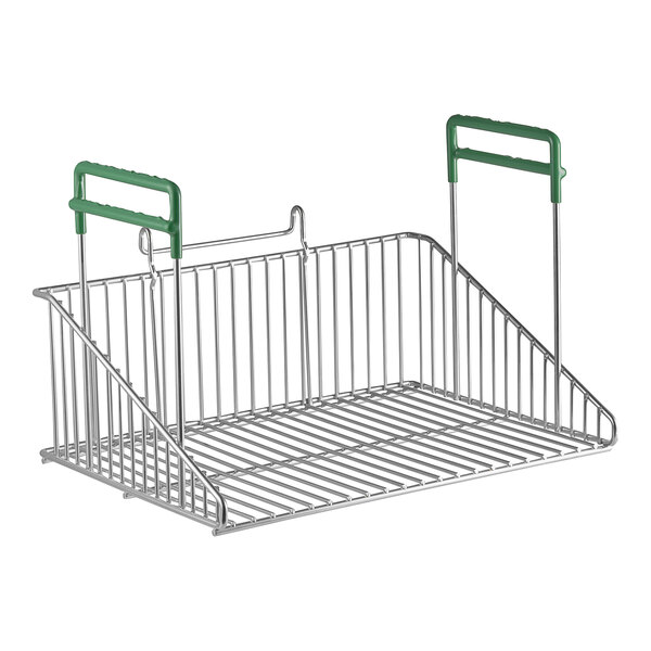 A metal wire basket with green handles.