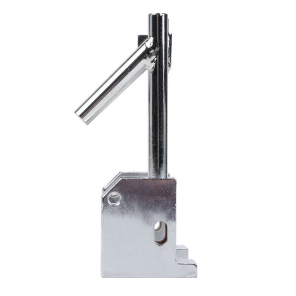 A metal hinge with a long metal handle.