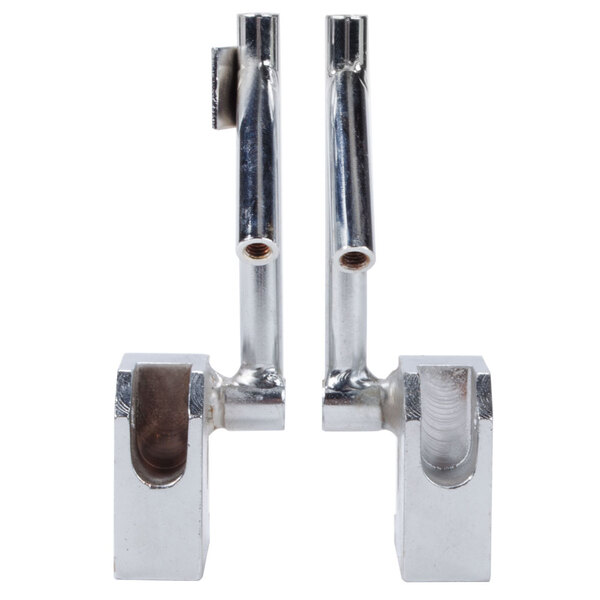 The ARY VacMaster replacement glass hinge with two chrome metal brackets.