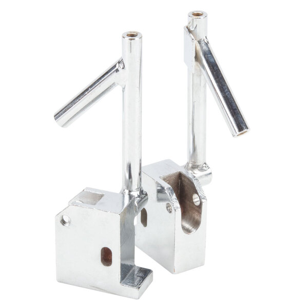 Two metal brackets with handles on them.