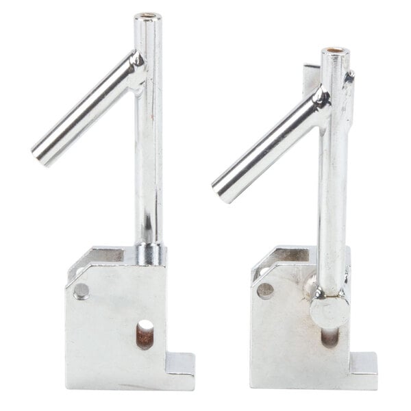 Two metal brackets with a glass handle on them.