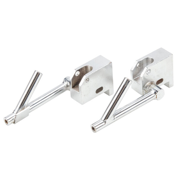 Two metal brackets with two holes on them.