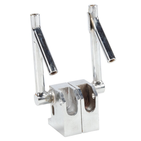 A metal hinge with metal handles on a white background.