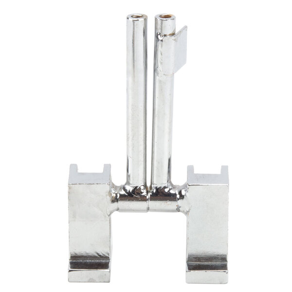 A silver metal hinge with two legs.
