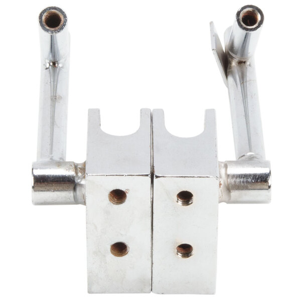 A metal hinge with holes on a white surface.