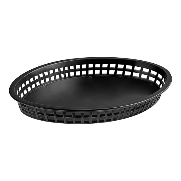 A black oval Tablecraft polypropylene basket with holes and a handle.