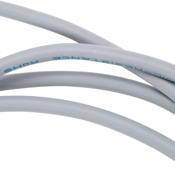 A close up of a grey cable with blue writing.