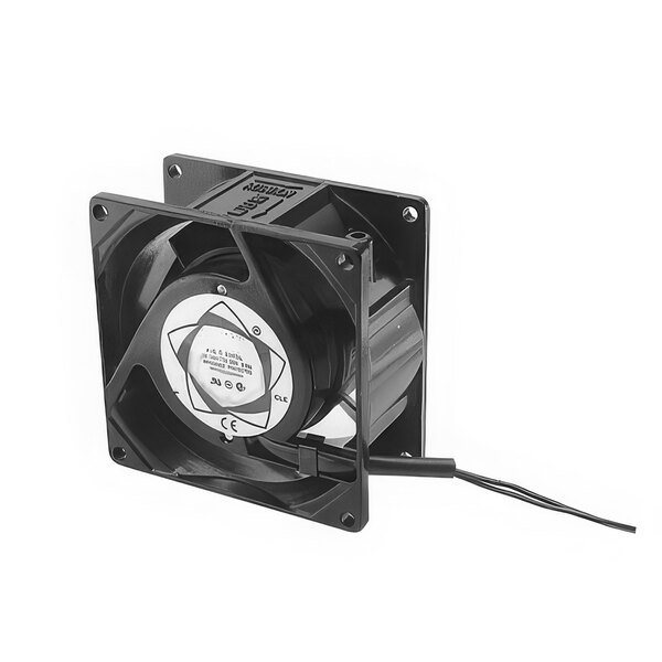A black Waring axial fan with a cord attached to it.