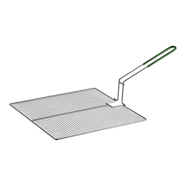 A metal grid with a green handle.