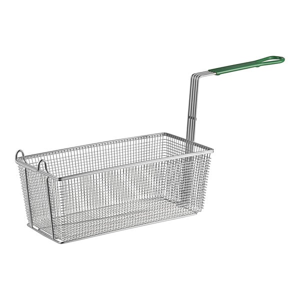 A Frymaster twin size wire fryer basket with a green handle.