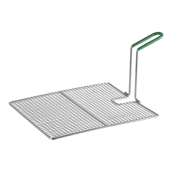 A metal wire grid with a green handle.