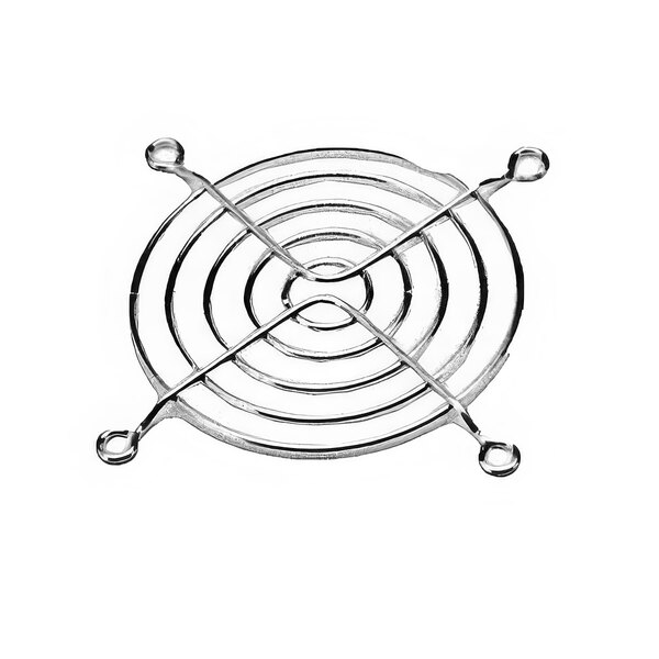 A silver metal fan guard with a circular grid design.