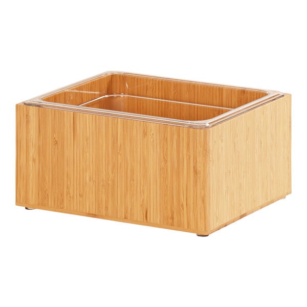 A wooden container with a clear lid.