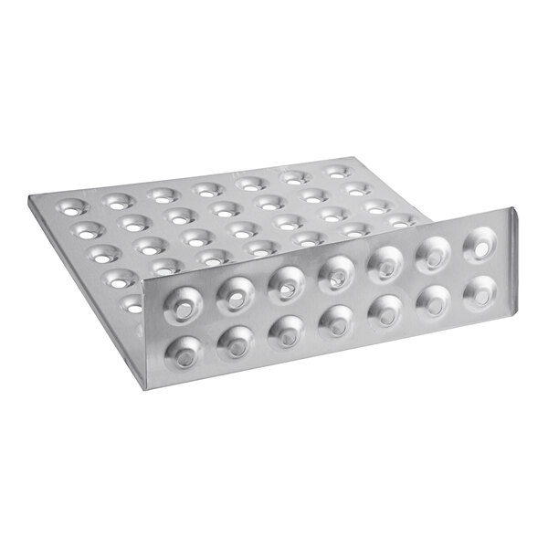 A silver rectangular metal tray with holes.