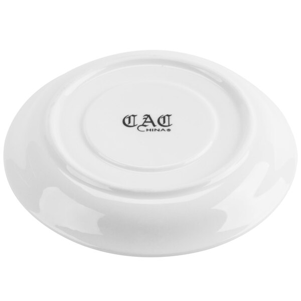 A white CAC Collection saucer with black text that reads "Dad"