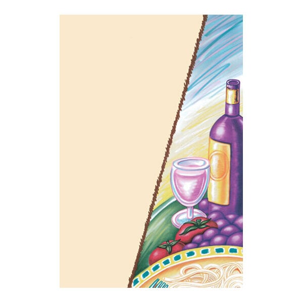 A partially visible illustration featuring a purple wine bottle, a wine glass, grapes, tomatoes, and a decorative plate, with a large blank beige area on the left side.