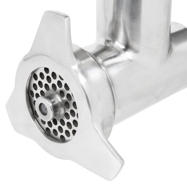 A stainless steel Vollrath #12 meat grinder attachment.