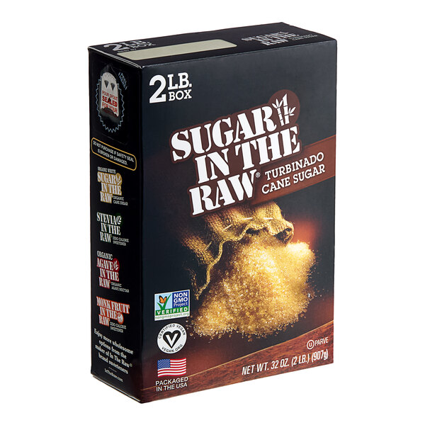 A box of Sugar In The Raw with brown sack packaging.