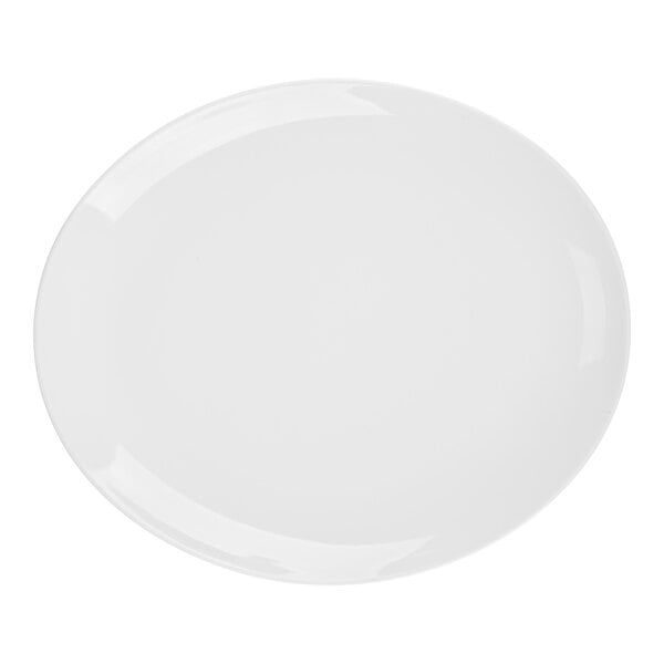 A plain, oval-shaped, bright white platter with a smooth, glossy finish.