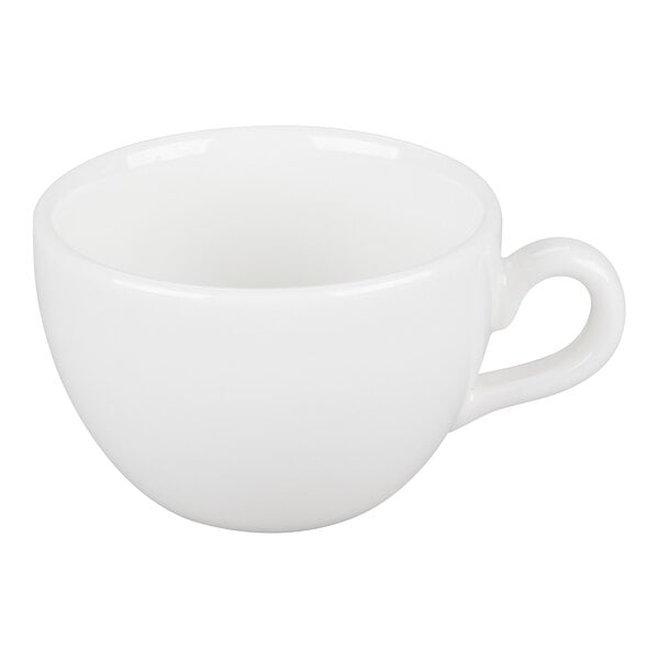 A plain, glossy white ceramic cup with a handle, shown against a white background.