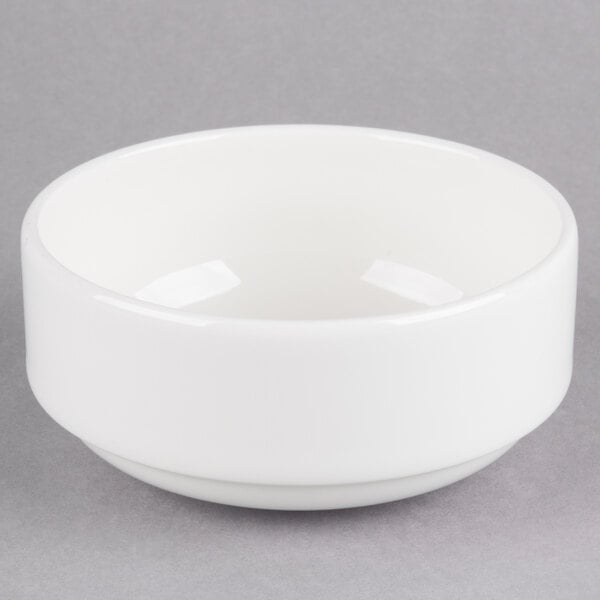 A Homer Laughlin bright white china bowl with a small rim.