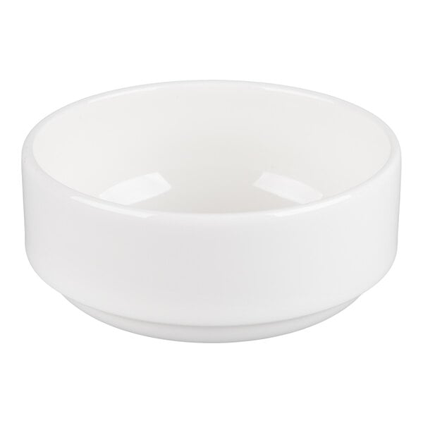 A plain, round, white ceramic bowl with smooth sides and a slightly raised base.