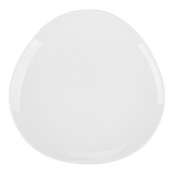A white, glossy, triangular-shaped plate with smooth, rounded edges.