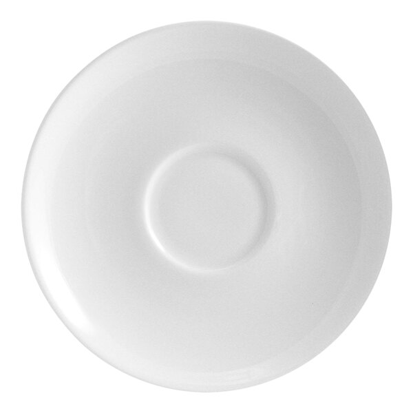 A round, plain white saucer with a slightly raised center area, viewed from above.
