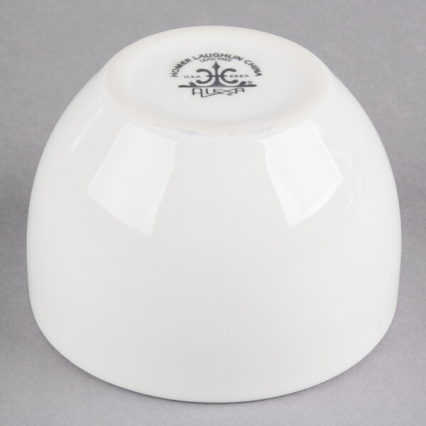 A Homer Laughlin Ameriwhite China bouillon bowl with a logo on it.