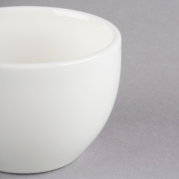 A Homer Laughlin bright white china bouillon bowl with a white rim.