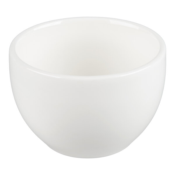 A plain, round, white ceramic bowl with a smooth surface and a slightly thick rim.