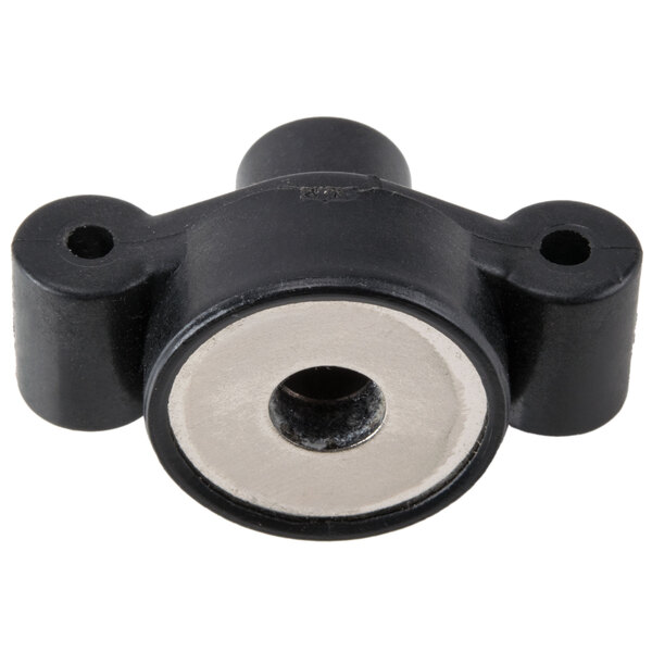 A black and silver round end cap with a hole.