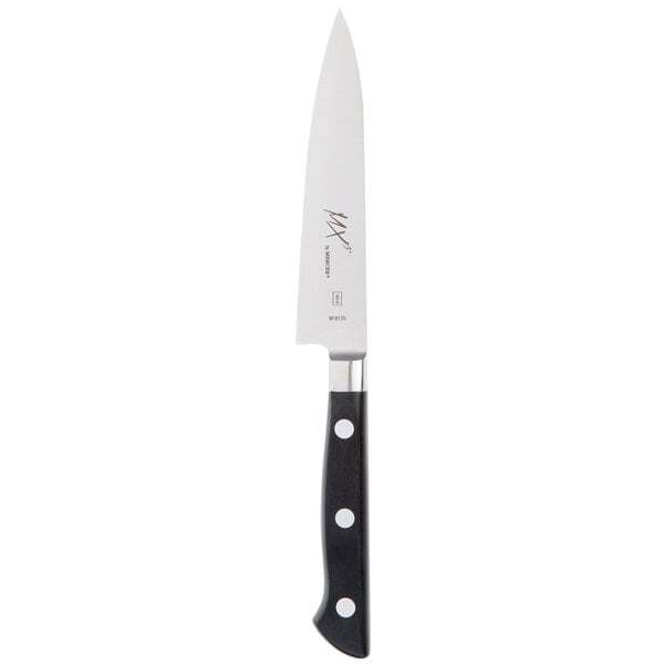 A Mercer Culinary Japanese petty knife with a black handle.