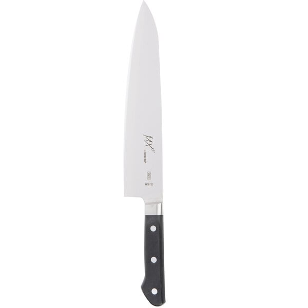 A Mercer Culinary Japanese Gyuto knife with a black handle and white blade in a white box with black text.