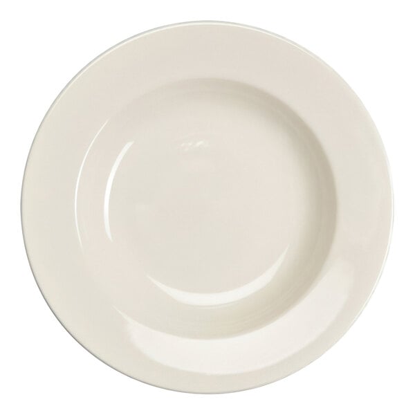 A white Homer Laughlin pasta bowl with a rolled edge.