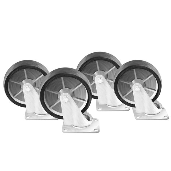 A close-up of a group of metal caster wheels with black and white accents.