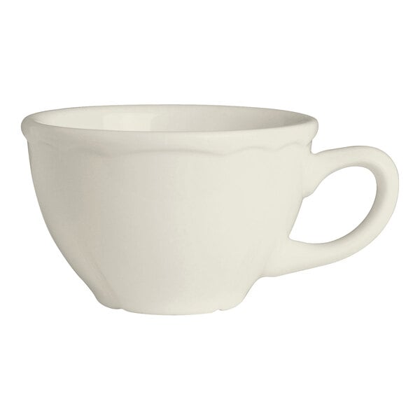 An ivory ceramic cup with a handle, designed to hold 7.25 ounces.