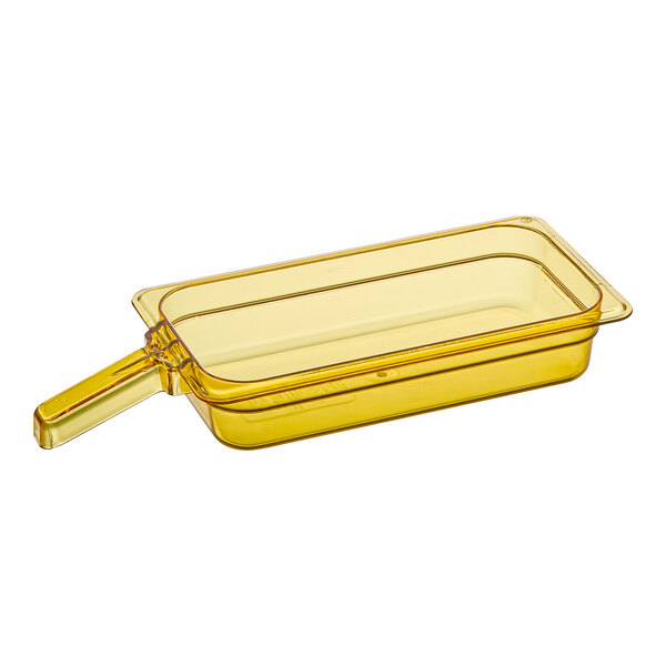 A yellow plastic Carlisle StorPlus pan with a handle.