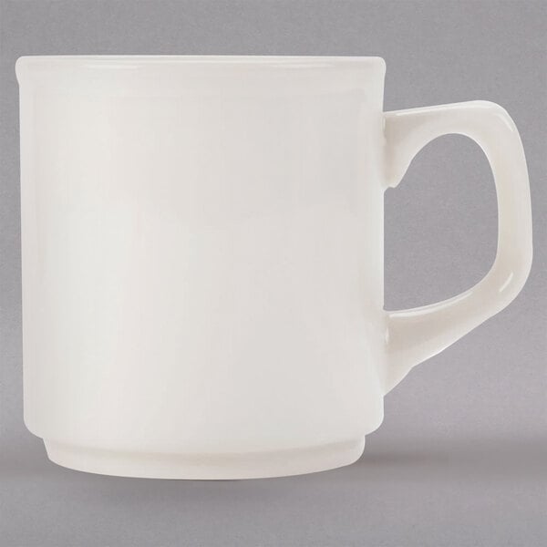 A white Homer Laughlin Marquis China mug with a handle.