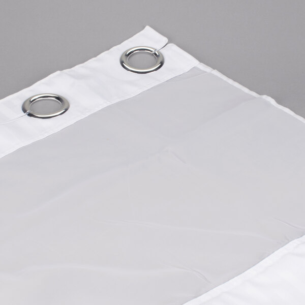 A white Hookless shower curtain with chrome rings on it.