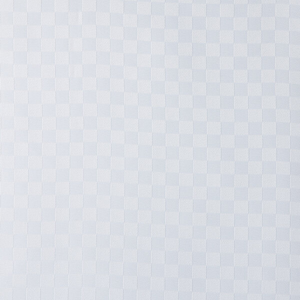 A white shower curtain with a square pattern and translucent window.