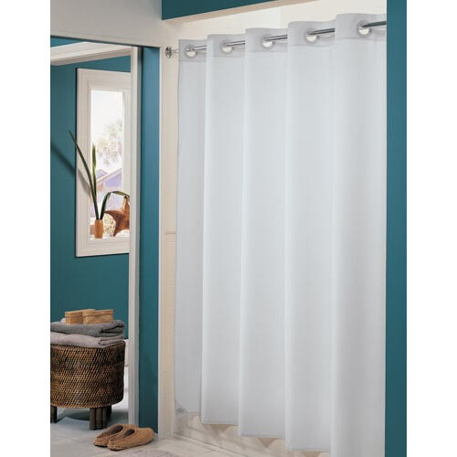A white Hookless shower curtain with flat rings on a white background.