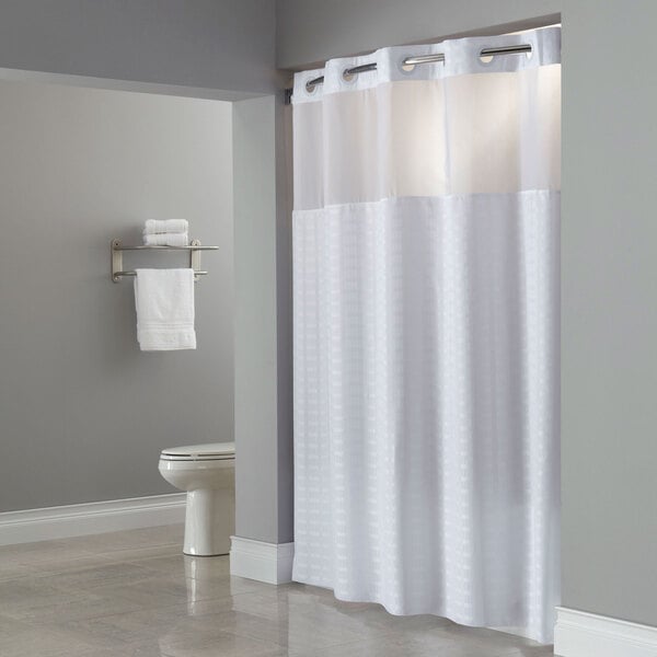 Hookless HBH43MYS01 White Madison Shower Curtain with Matching Flat Flex-On  Rings, Weighted Corner Magnets, and Poly-Voile Translucent Window - 71 x